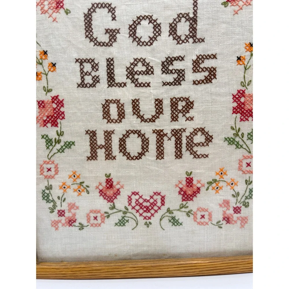 Vintage God Bless Our Home Cross Stitch Framed Wall Art Floral Farmhouse Decor